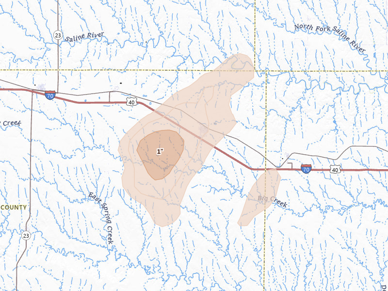 Radar-estimated hail-size map of the storm over Quinter, KS on Jul 2, 2026