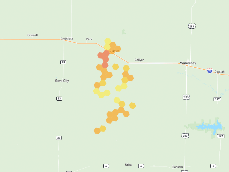 Hail map of Quinter, KS on Jul 2, 2026, hail up to 1.75"