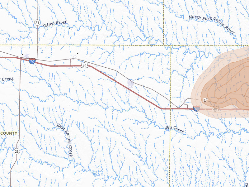 Radar-estimated hail-size map of the storm over Quinter, KS on Jul 3, 2026