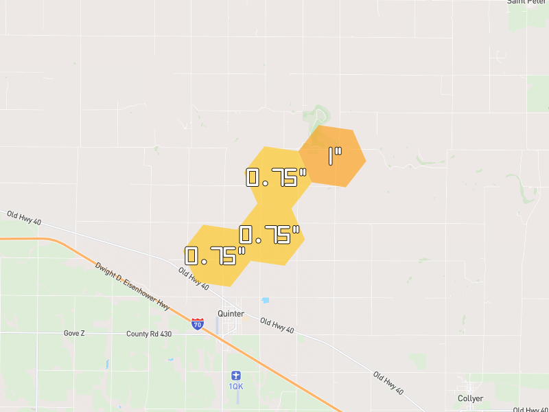 Hail map of Quinter, KS on Jul 3, 2026, hail up to 1"