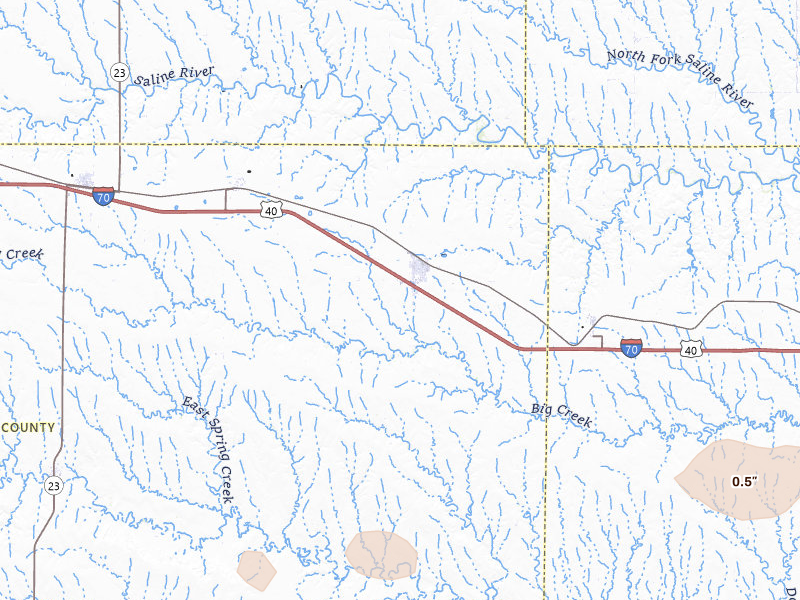 Radar-estimated hail-size map of the storm over Quinter, KS on Jul 9, 2026