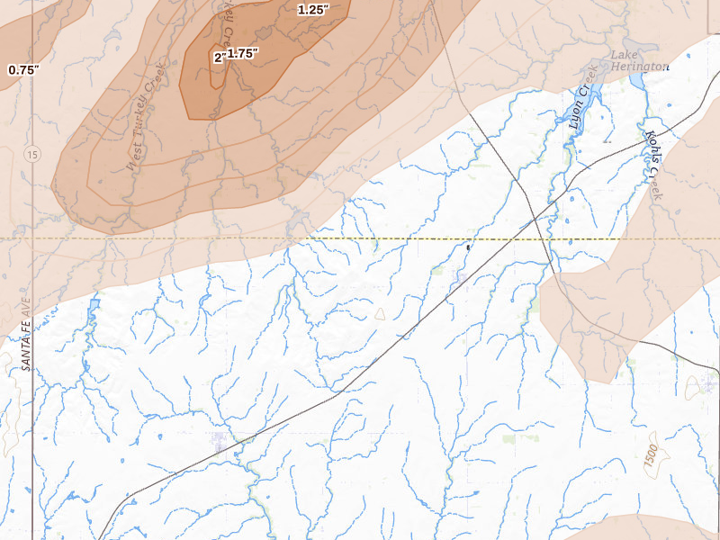 Radar-estimated hail-size map of the storm over Ramona, KS on Apr 23, 2026