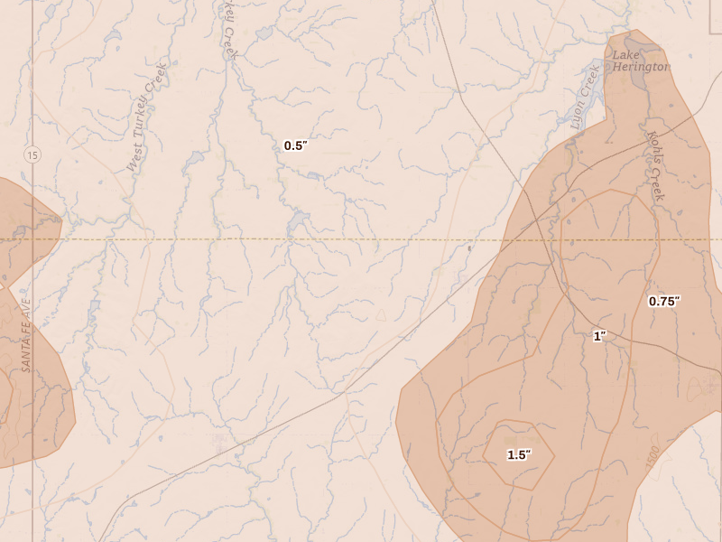 Radar-estimated hail-size map of the storm over Ramona, KS on Apr 26, 2026