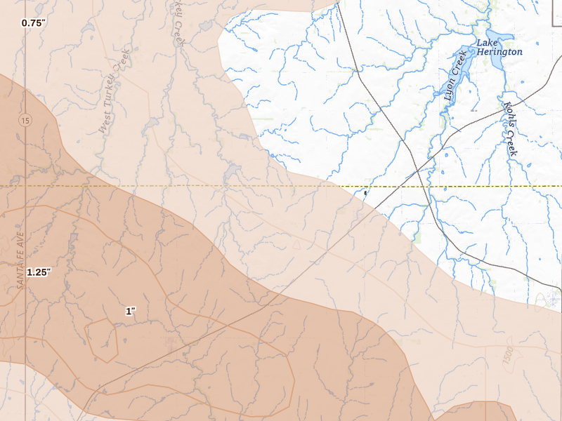 Radar-estimated hail-size map of the storm over Ramona, KS on Jun 8, 2026