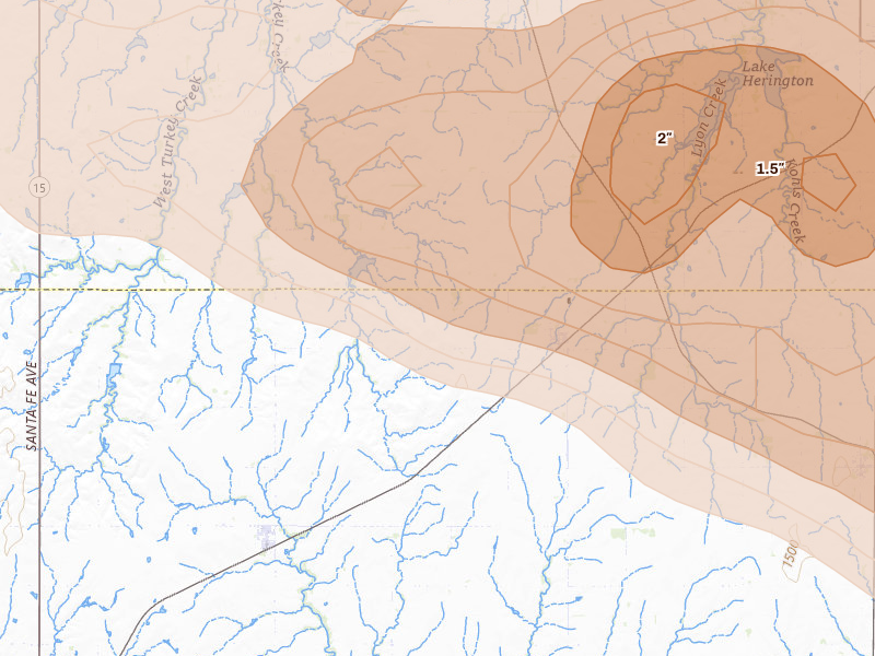 Radar-estimated hail-size map of the storm over Ramona, KS on Jun 10, 2026