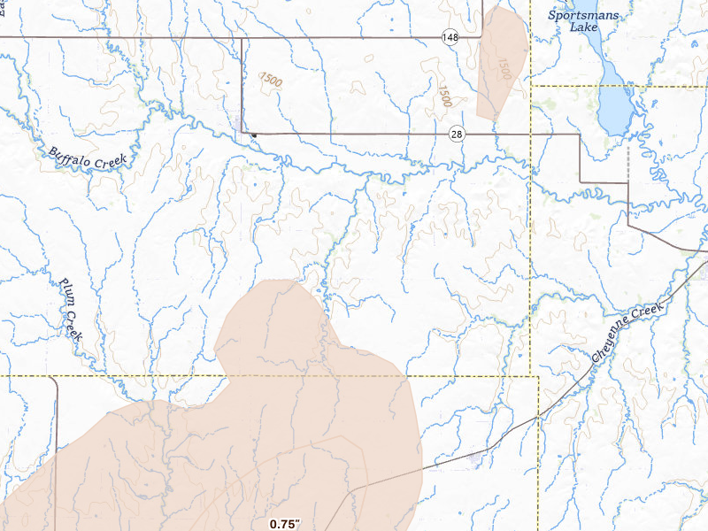 Radar-estimated hail-size map of the storm over Randall, KS on May 17, 2026