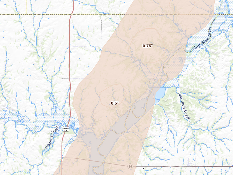 Radar-estimated hail-size map of the storm over Randolph, KS on Mar 5, 2026