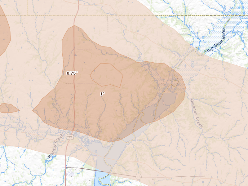 Radar-estimated hail-size map of the storm over Randolph, KS on Apr 9, 2026