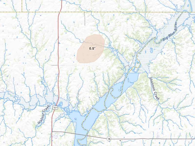Radar-estimated hail-size map of the storm over Randolph, KS on Apr 26, 2026