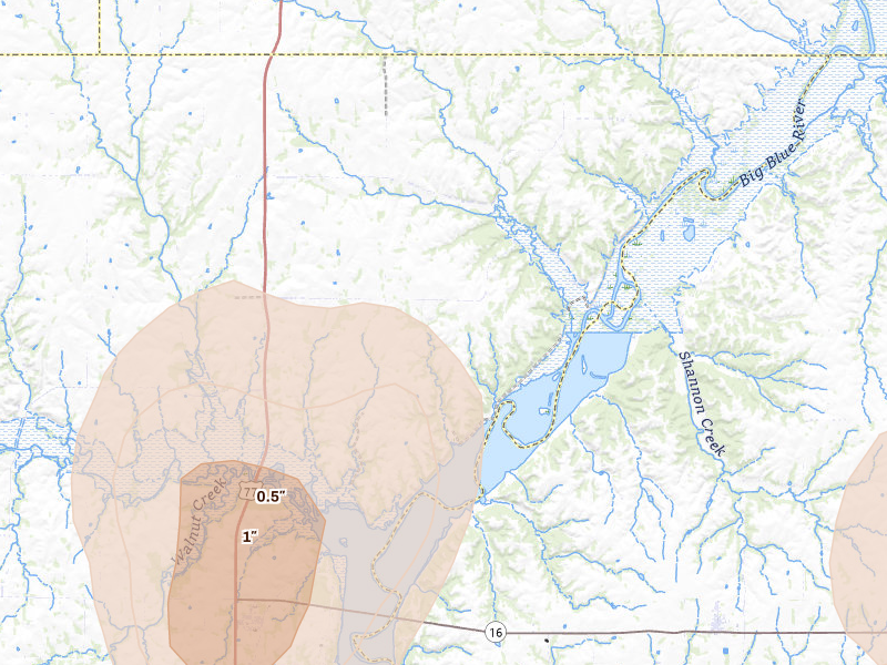 Radar-estimated hail-size map of the storm over Randolph, KS on May 29, 2026