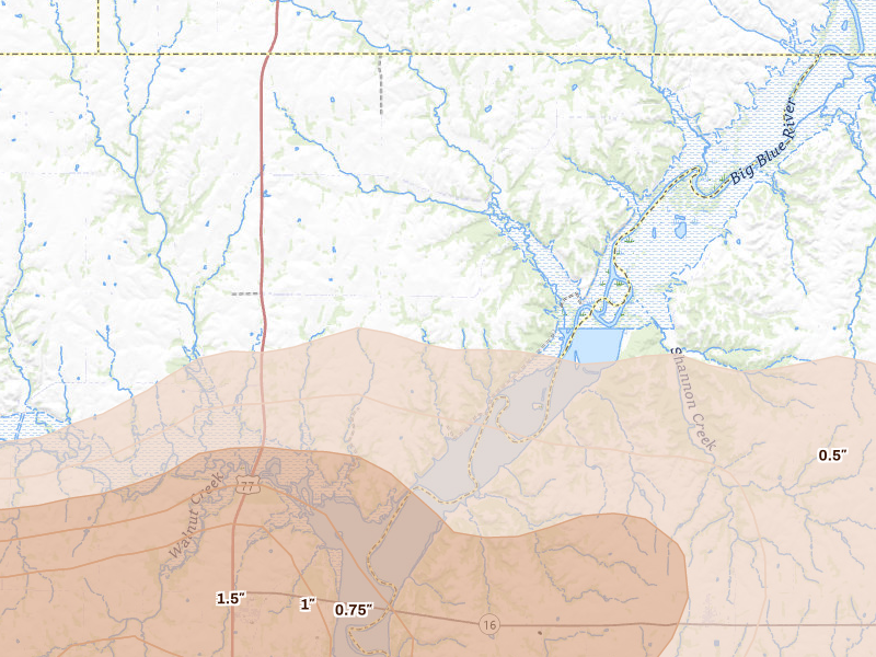 Radar-estimated hail-size map of the storm over Randolph, KS on Jun 10, 2026
