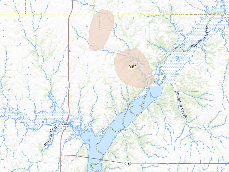 Radar-estimated hail-size map of the storm over Randolph, KS on Jul 3, 2026