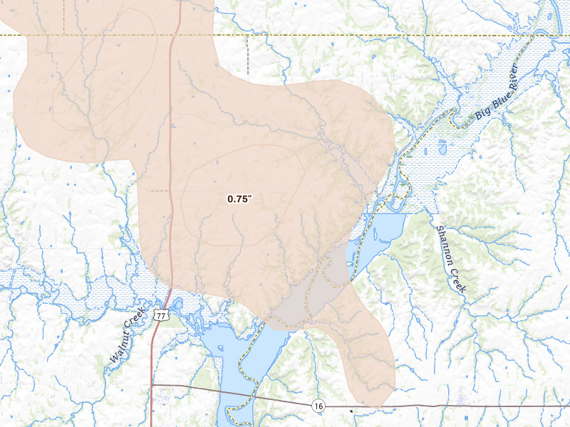 Radar-estimated hail-size map of the storm over Randolph, KS on Jul 8, 2026