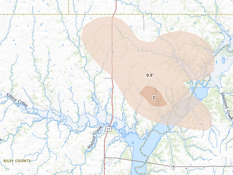 Radar-estimated hail-size map of the storm over Randolph, KS on Aug 7, 2026