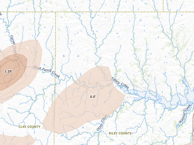 Radar-estimated hail-size map of the storm over Randolph, KS on Aug 14, 2026