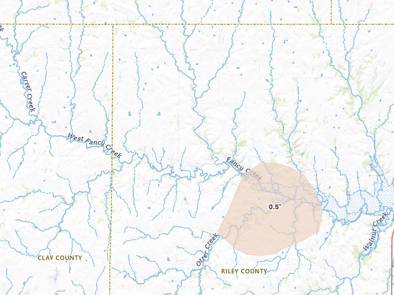 Radar-estimated hail-size map of the storm over Randolph, KS on Aug 15, 2026