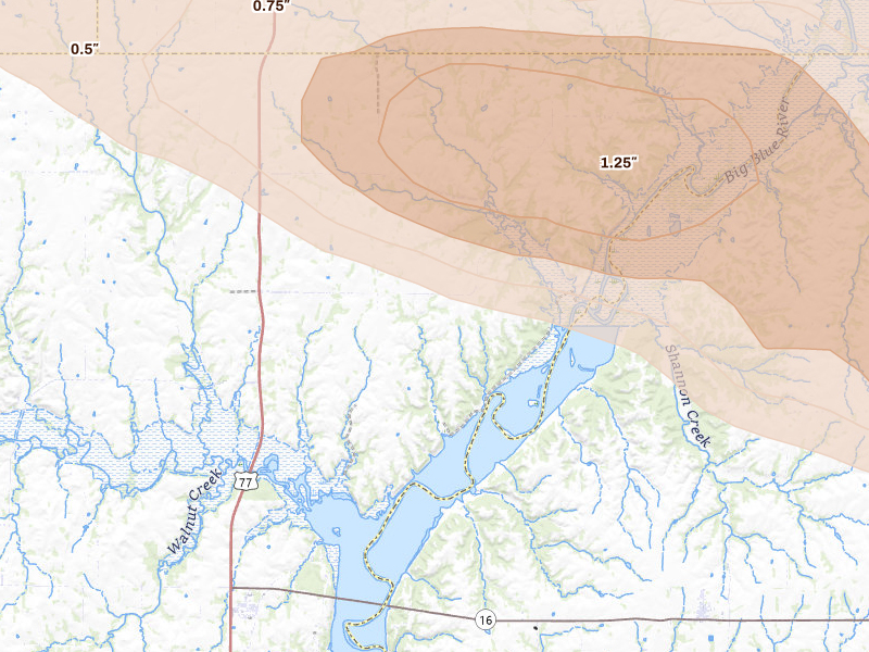 Radar-estimated hail-size map of the storm over Randolph, KS on Aug 18, 2026