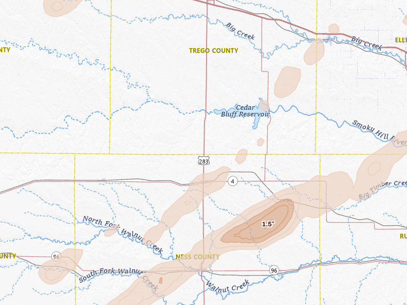 Radar-estimated hail-size map of the storm over Ransom, KS on Apr 26, 2026
