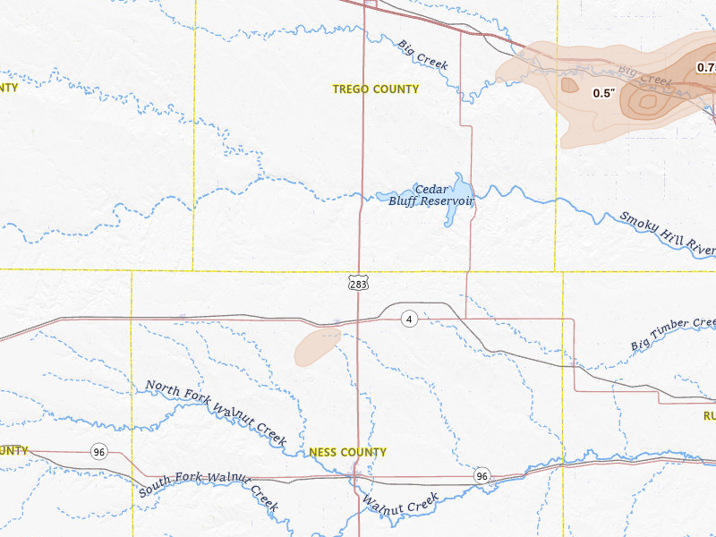 Radar-estimated hail-size map of the storm over Ransom, KS on Jun 8, 2026