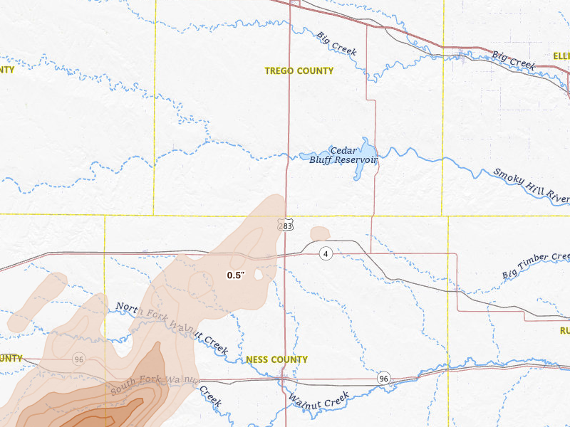 Radar-estimated hail-size map of the storm over Ransom, KS on Jun 9, 2026