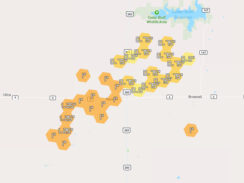 Hail map of Ransom, KS on Jun 9, 2026, hail up to 1.25"
