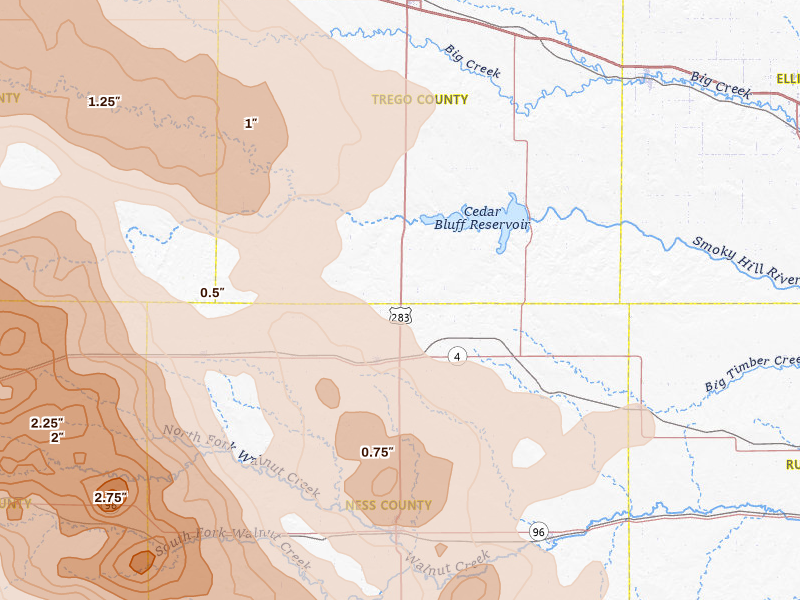 Radar-estimated hail-size map of the storm over Ransom, KS on Jun 20, 2026
