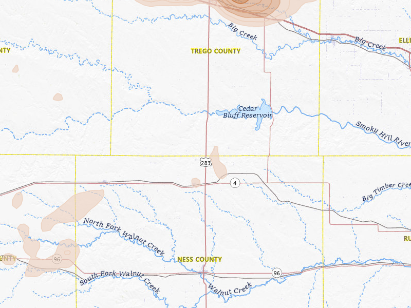 Radar-estimated hail-size map of the storm over Ransom, KS on Jul 3, 2026
