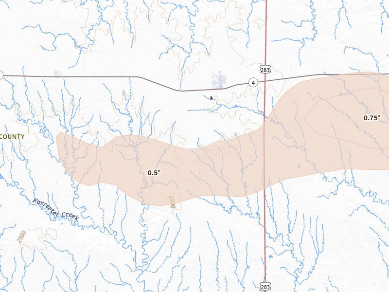 Radar-estimated hail-size map of the storm over Ransom, KS on Aug 4, 2026