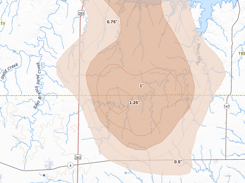 Radar-estimated hail-size map of the storm over Ransom, KS on Aug 13, 2026