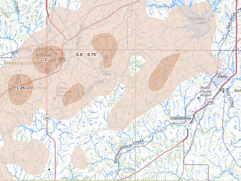 Radar-estimated hail-size map of the storm over Rantoul, KS on Apr 17, 2026