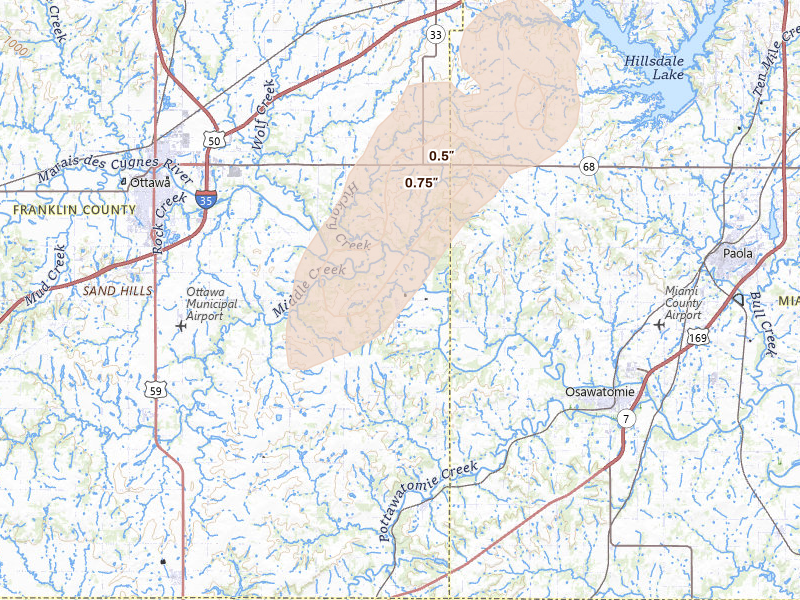 Radar-estimated hail-size map of the storm over Rantoul, KS on Apr 23, 2026
