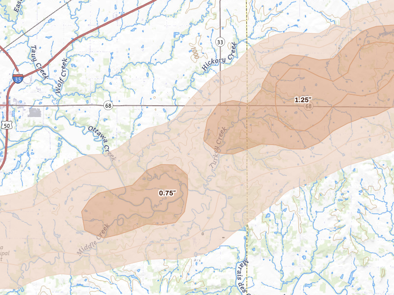 Radar-estimated hail-size map of the storm over Rantoul, KS on Aug 5, 2026