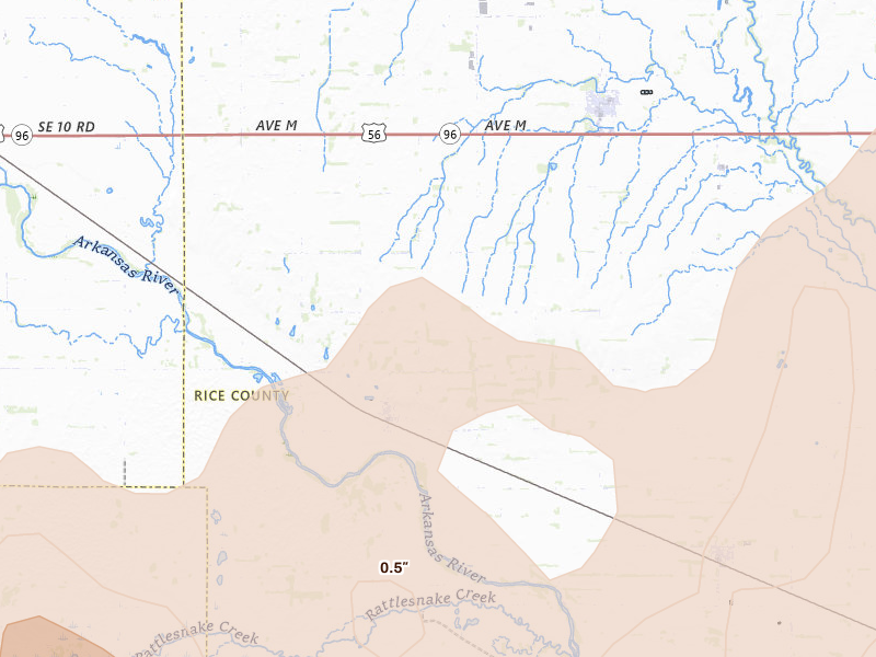 Radar-estimated hail-size map of the storm over Raymond, KS on May 18, 2026