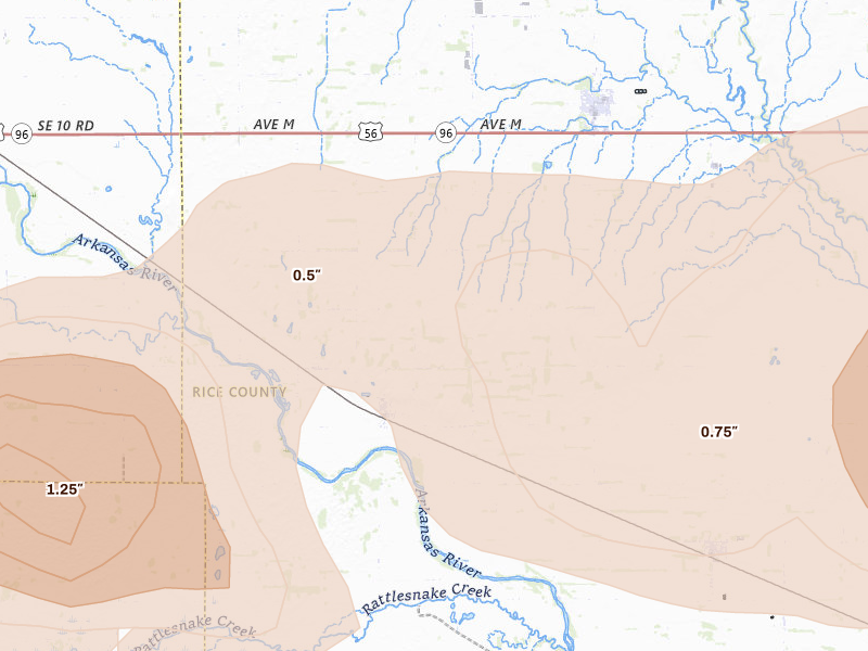 Radar-estimated hail-size map of the storm over Raymond, KS on Jun 10, 2026