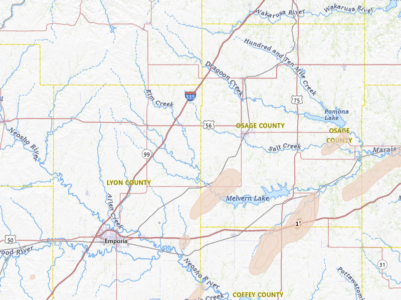 Radar-estimated hail-size map of the storm over Reading, KS on Mar 10, 2026