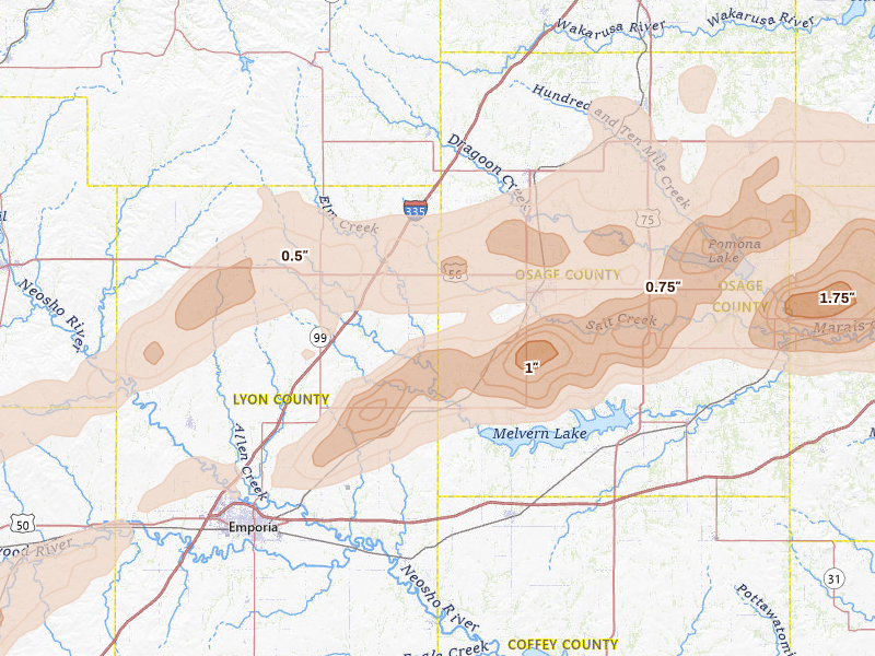 Radar-estimated hail-size map of the storm over Reading, KS on Apr 13, 2026