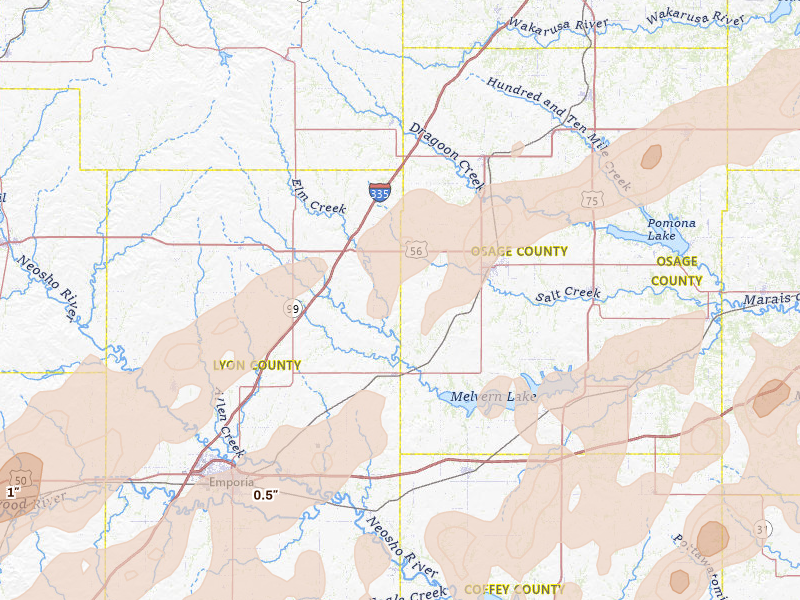 Radar-estimated hail-size map of the storm over Reading, KS on Apr 17, 2026