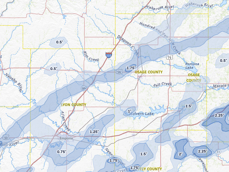 NEXRAD radar-signature map of the hail over Reading, KS
