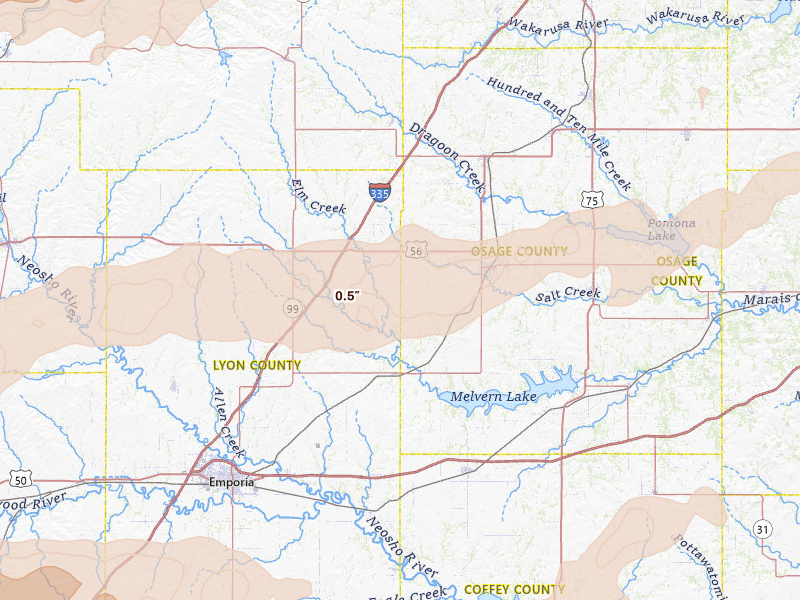 Radar-estimated hail-size map of the storm over Reading, KS on Apr 23, 2026