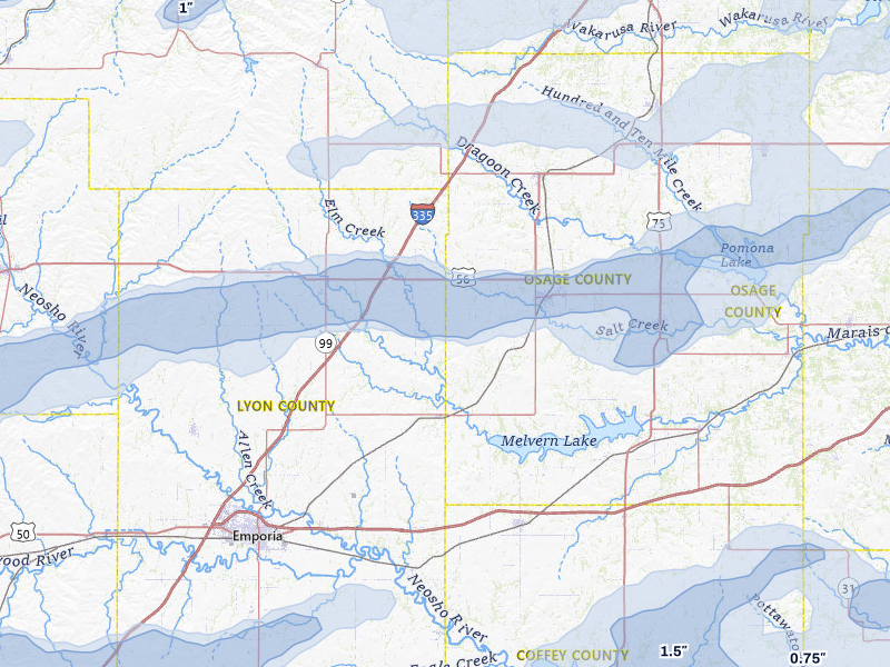NEXRAD radar-signature map of the hail over Reading, KS