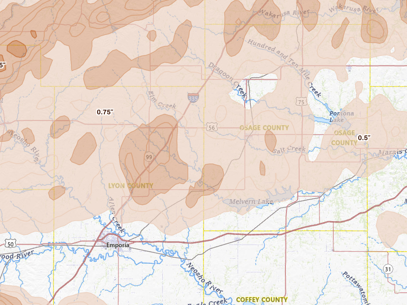 Radar-estimated hail-size map of the storm over Reading, KS on Apr 26, 2026
