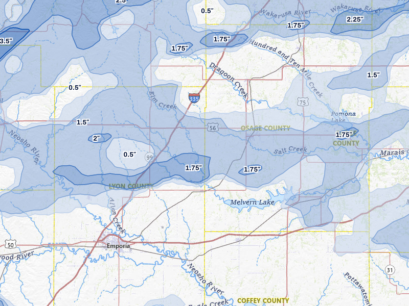 NEXRAD radar-signature map of the hail over Reading, KS