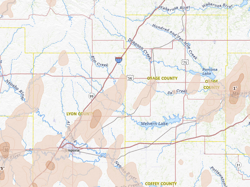 Radar-estimated hail-size map of the storm over Reading, KS on May 30, 2026