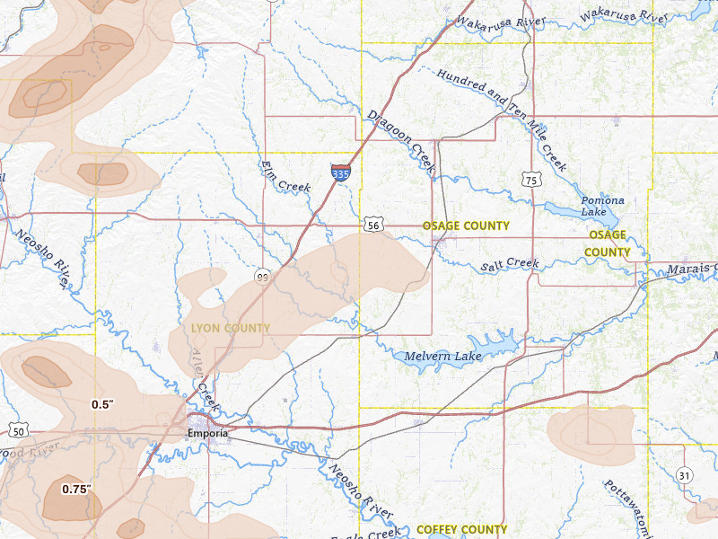 Radar-estimated hail-size map of the storm over Reading, KS on May 31, 2026
