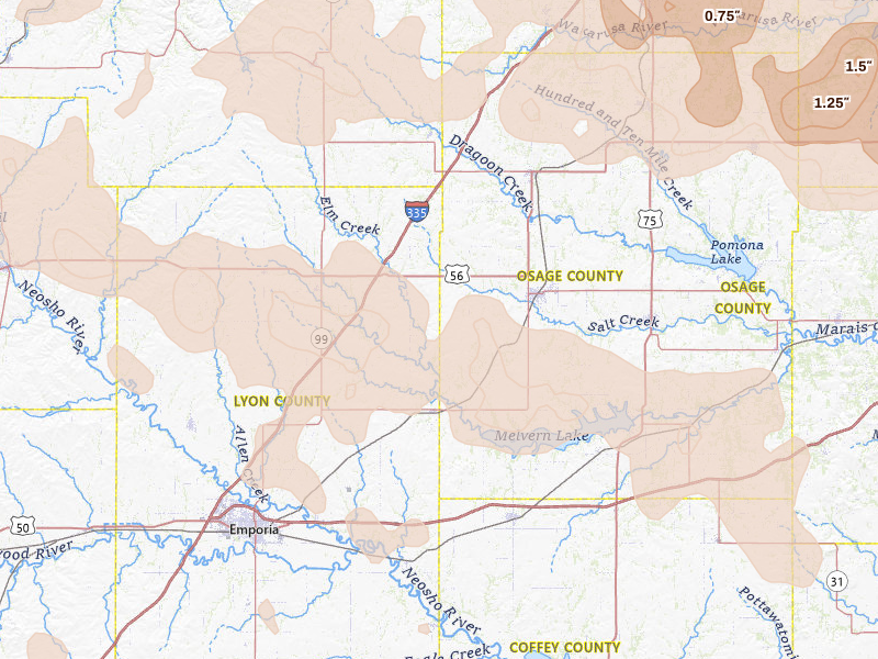 Radar-estimated hail-size map of the storm over Reading, KS on Jun 8, 2026