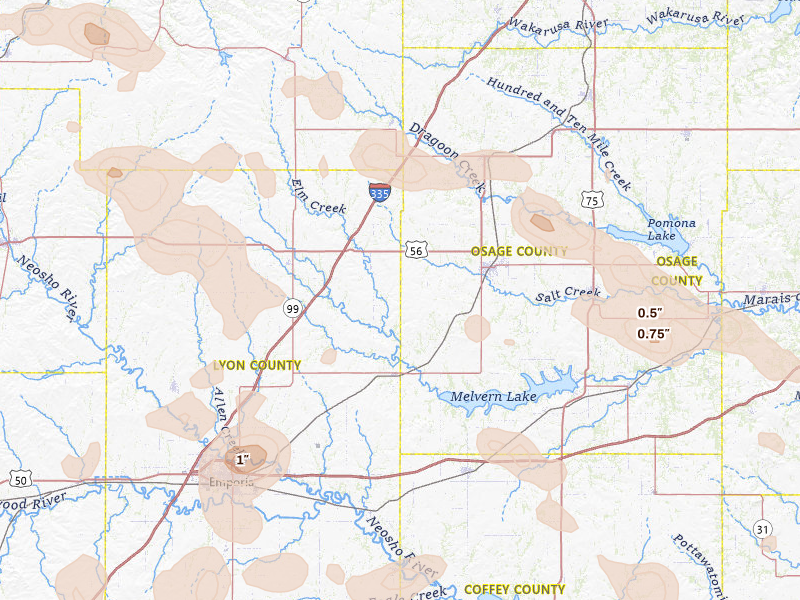 Radar-estimated hail-size map of the storm over Reading, KS on Jul 4, 2026