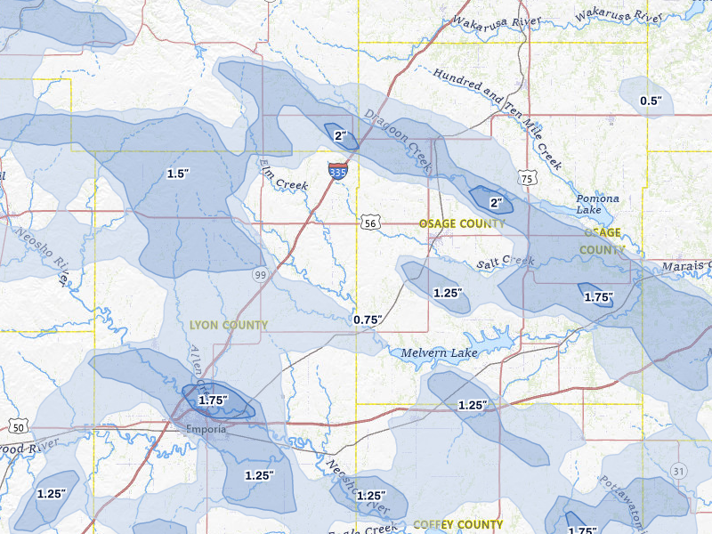 NEXRAD radar-signature map of the hail over Reading, KS