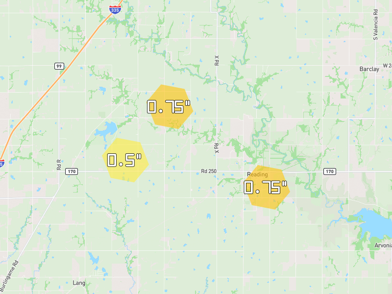 Hail map of Reading, KS on Jul 4, 2026, hail up to 0.75"