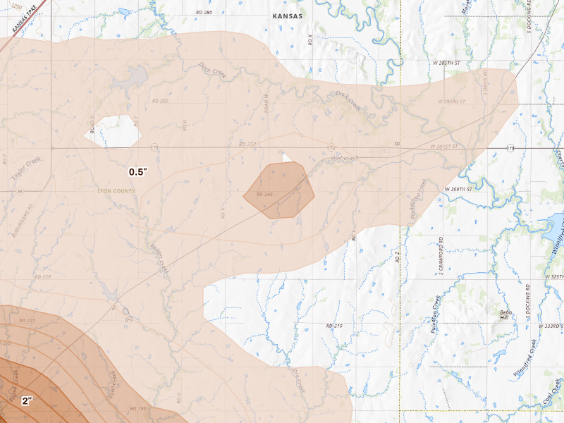 Radar-estimated hail-size map of the storm over Reading, KS on Aug 5, 2026