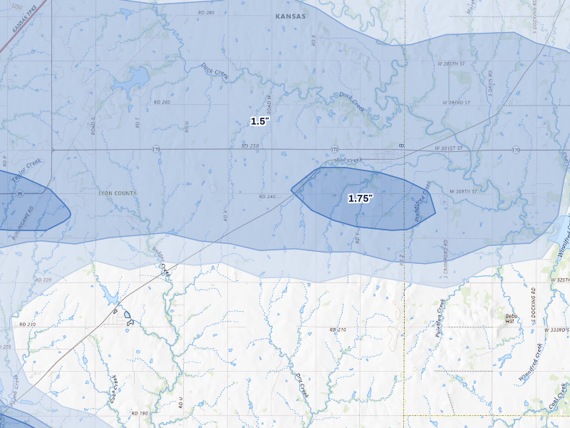 NEXRAD radar-signature map of the hail storm over Reading, KS on Aug 5, 2026